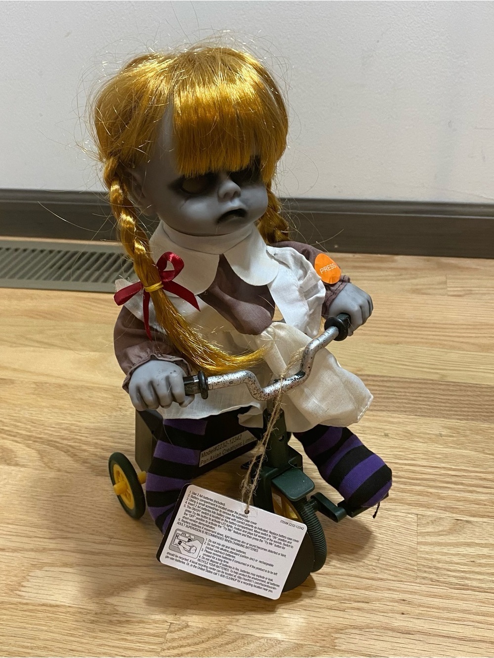 Spooky Gray Girl Doll on Tricycle NEW Halloween Animated Talking Horror